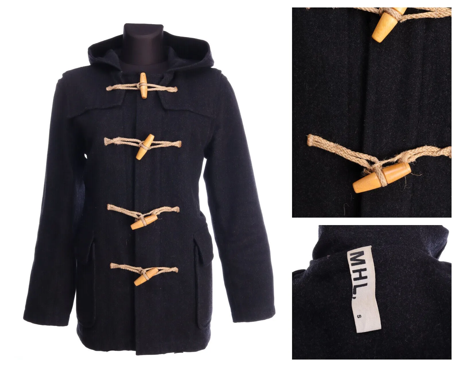 MARGARET HOWELL Black Wool Blend Hooded Duffle Coat Size S