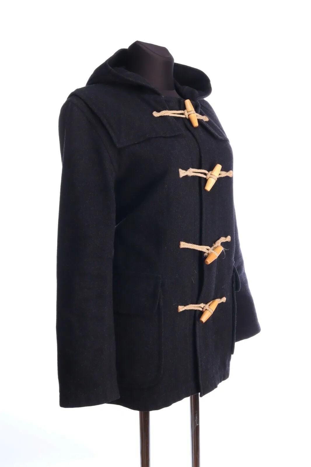 MARGARET HOWELL Black Wool Blend Hooded Duffle Coat Size S