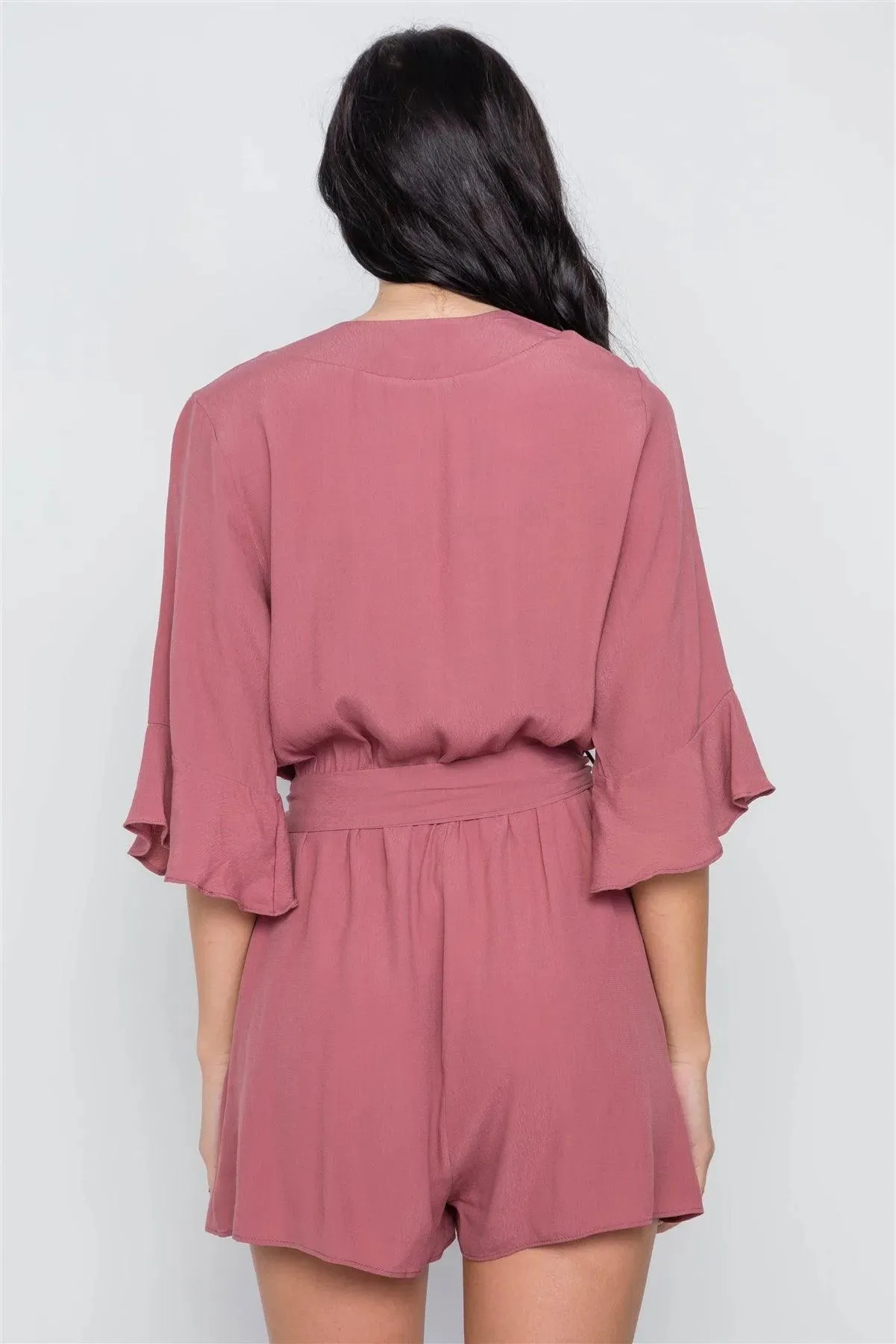 Mauve Surplice V-Neck 3/4 Bell Sleeve Boho Romper / 1-3-2-1-1