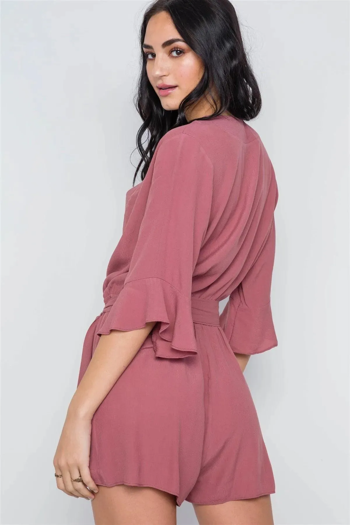Mauve Surplice V-Neck 3/4 Bell Sleeve Boho Romper / 1-3-2-1-1