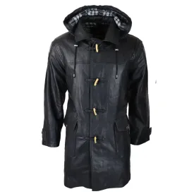 Men's Black Leather Duffle Jacket Coat Toggle Classic Fisherman Hooded 3/4