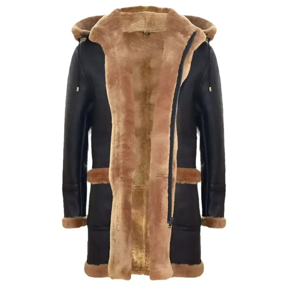 Men's Classic Genuine Shearling Sheepskin Duffle Coat