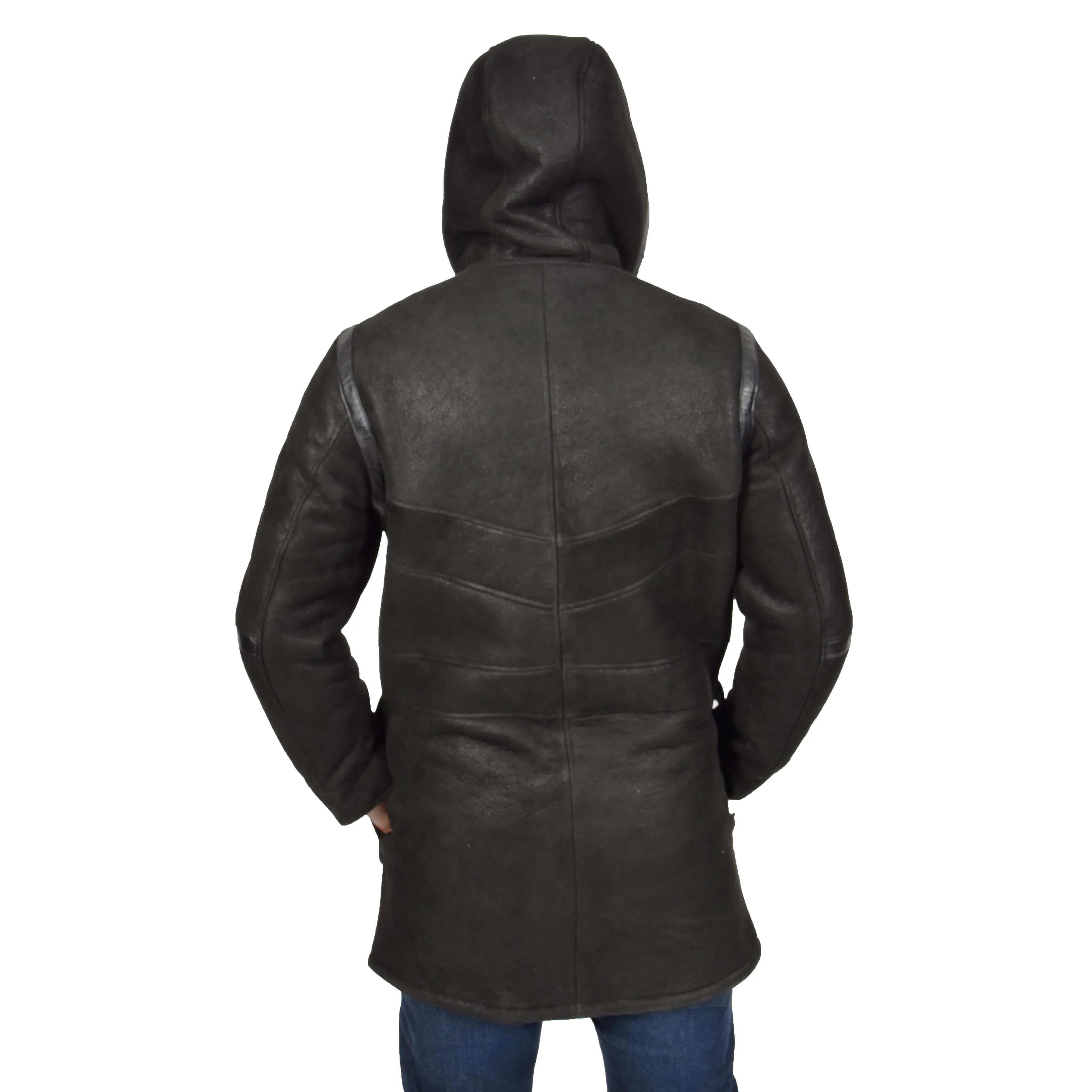 Mens Genuine Sheepskin Duffle Coat 3/4 Long Hooded Jacket Ace Black