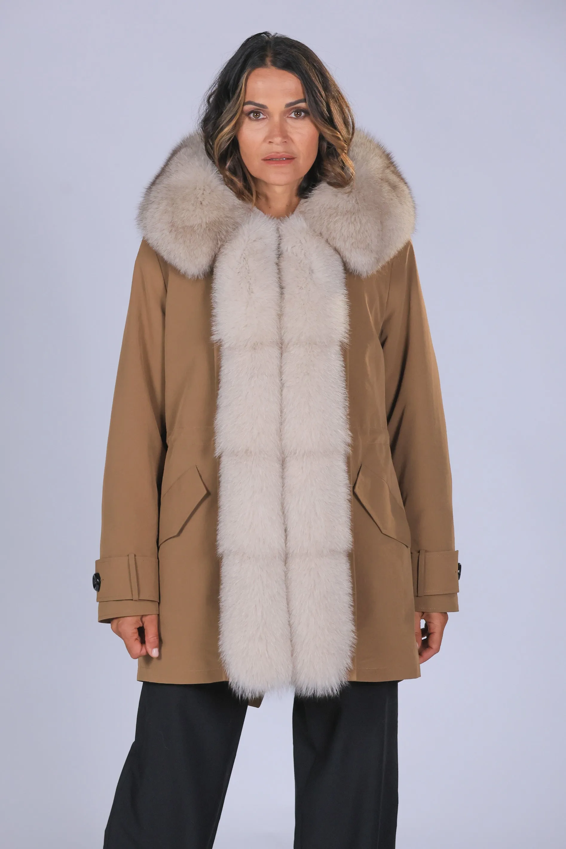 Parka in cotone tecnico impermeabile long beige