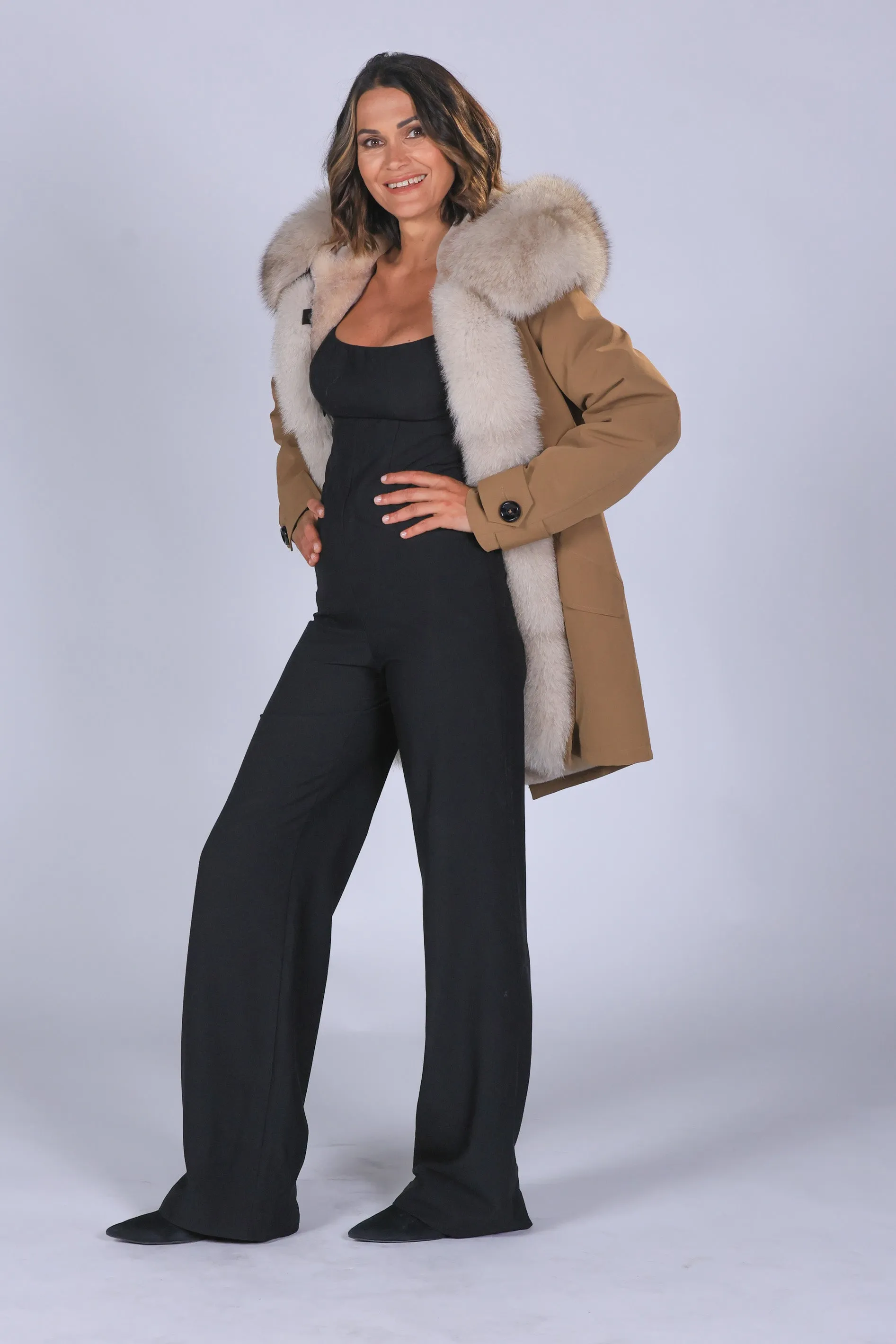 Parka in cotone tecnico impermeabile long beige