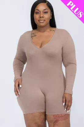 Plus Size Taupe Grey V neck Long Sleeve one piece Bodycon Romper