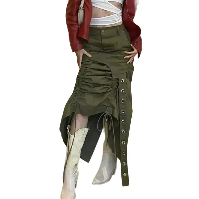 Ruched Drawstring High Waist Midi Skirt