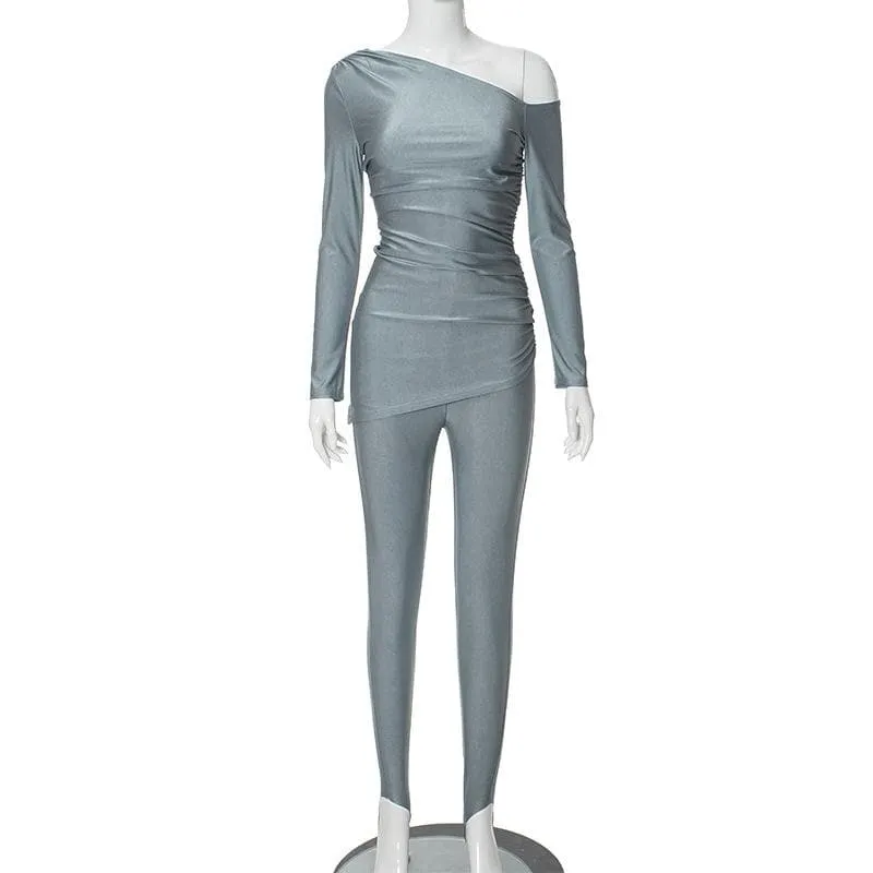 Ruched off shoulder long sleeve irregular solid pant set