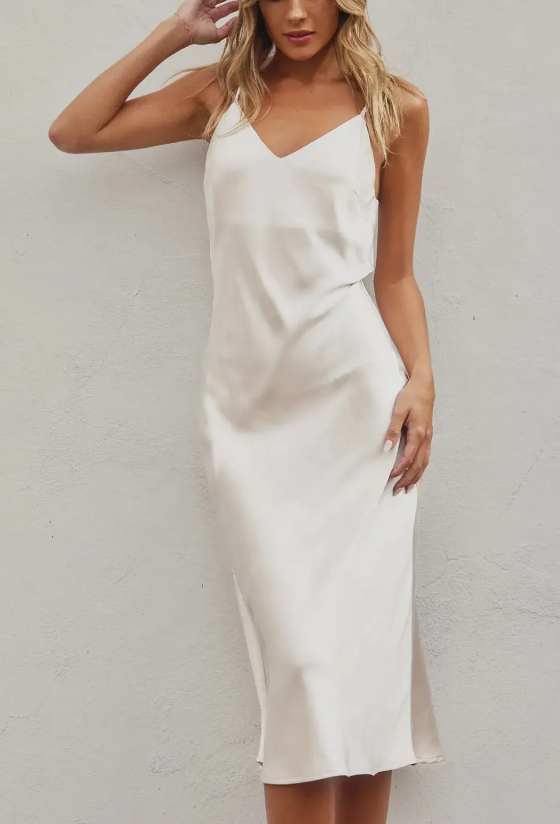 Satin Midi Slip Dress in Eggshell