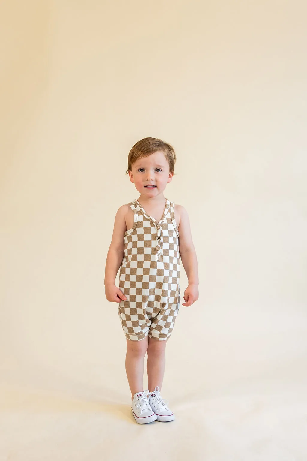 short tank romper - taupe checkerboard