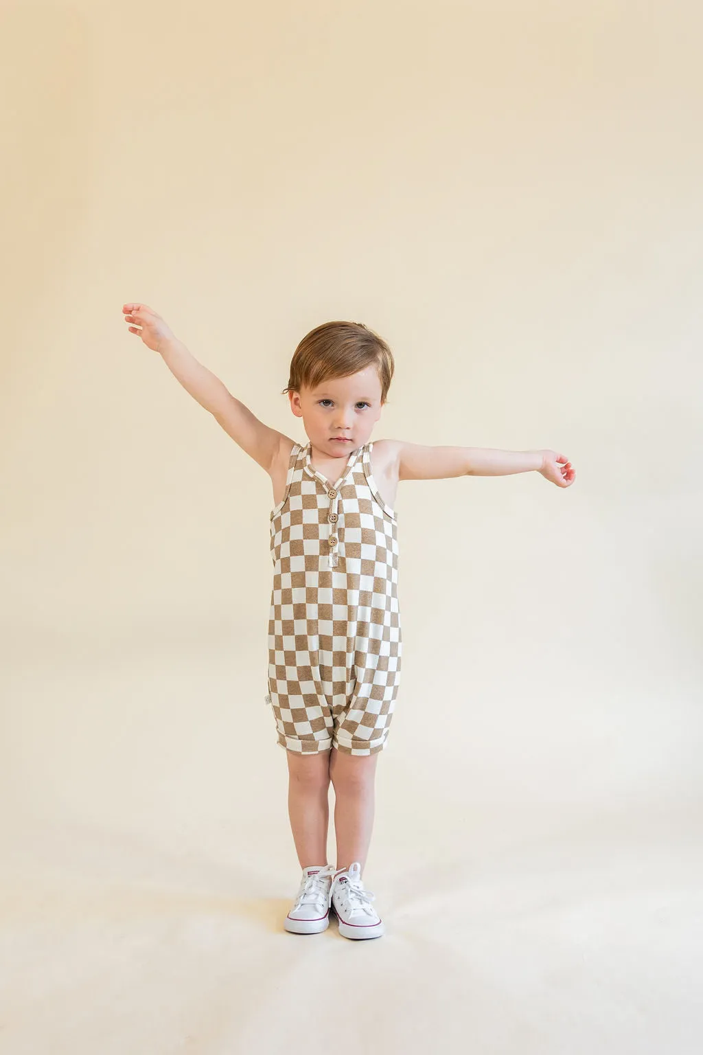 short tank romper - taupe checkerboard