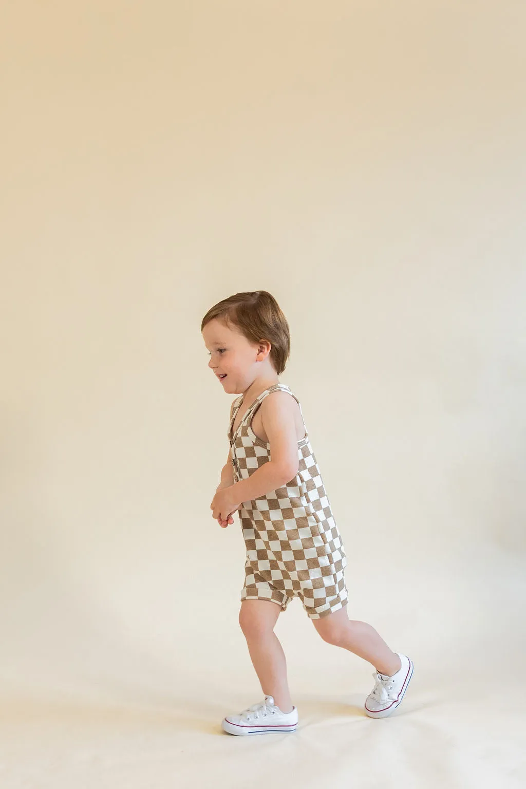 short tank romper - taupe checkerboard