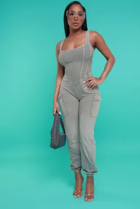 Sidetracked Sleeveless Cargo Jumpsuit - Taupe Mineral Wash