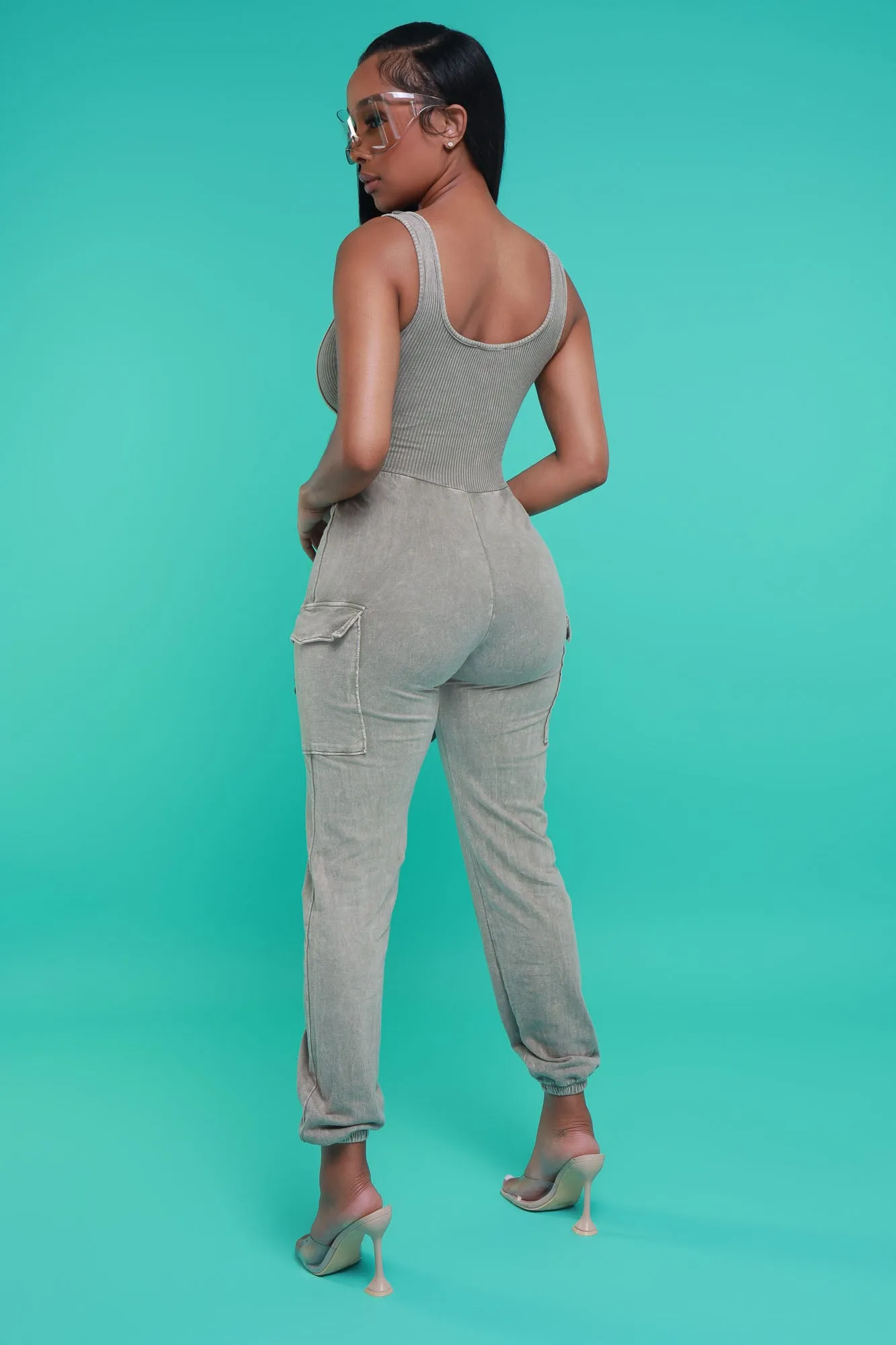 Sidetracked Sleeveless Cargo Jumpsuit - Taupe Mineral Wash