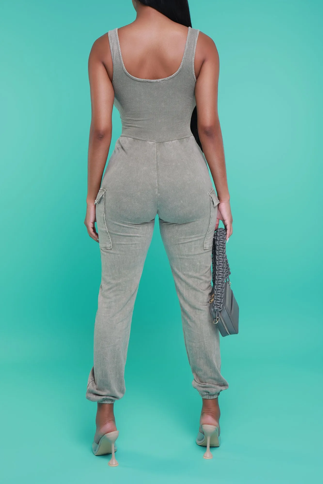 Sidetracked Sleeveless Cargo Jumpsuit - Taupe Mineral Wash