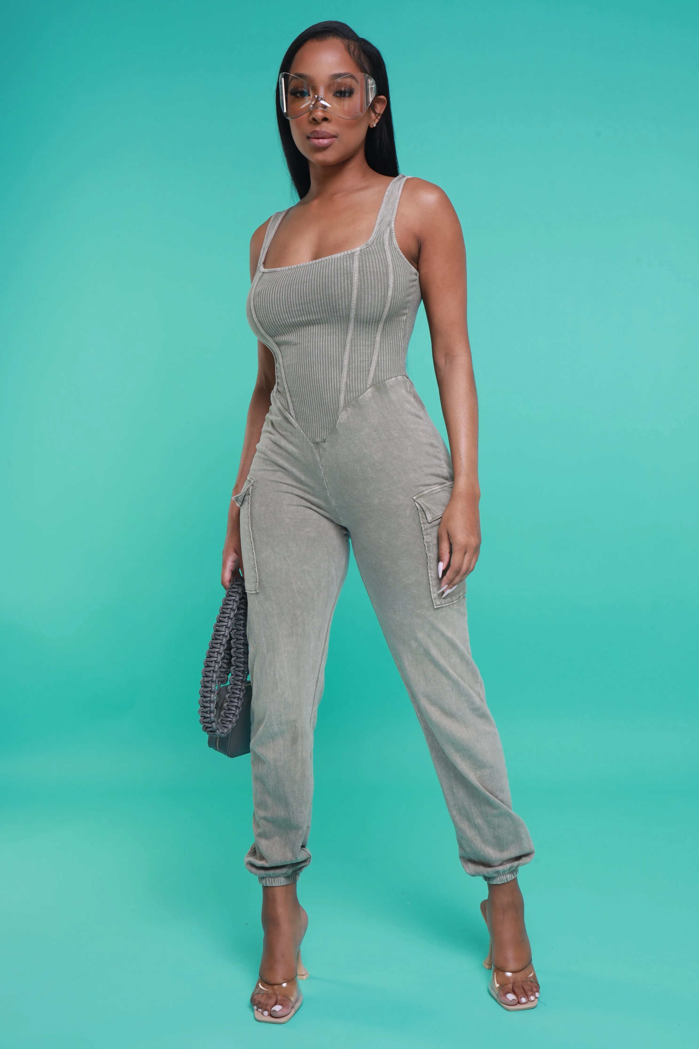 Sidetracked Sleeveless Cargo Jumpsuit - Taupe Mineral Wash