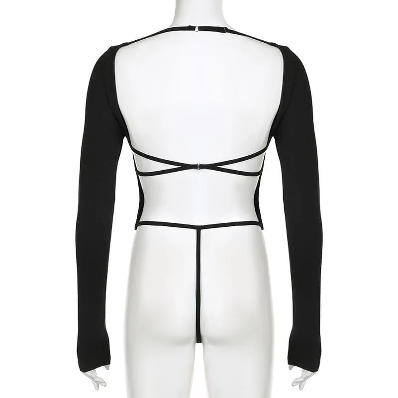 Square neck solid long sleeve backless cross back bodysuit