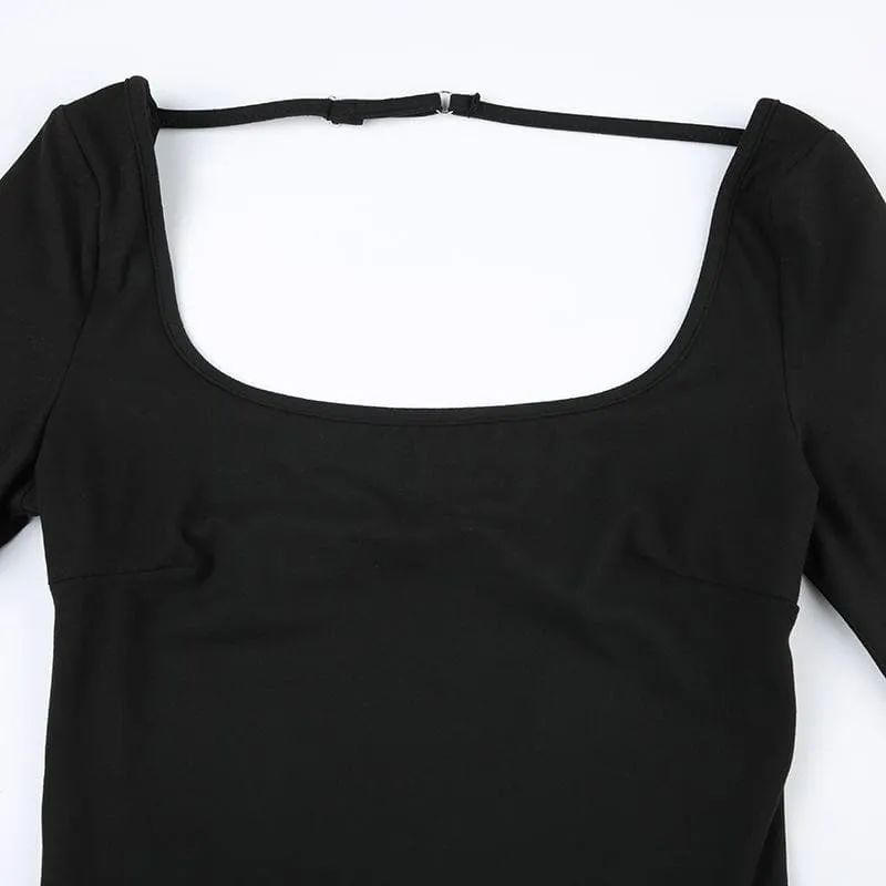 Square neck solid long sleeve backless cross back bodysuit