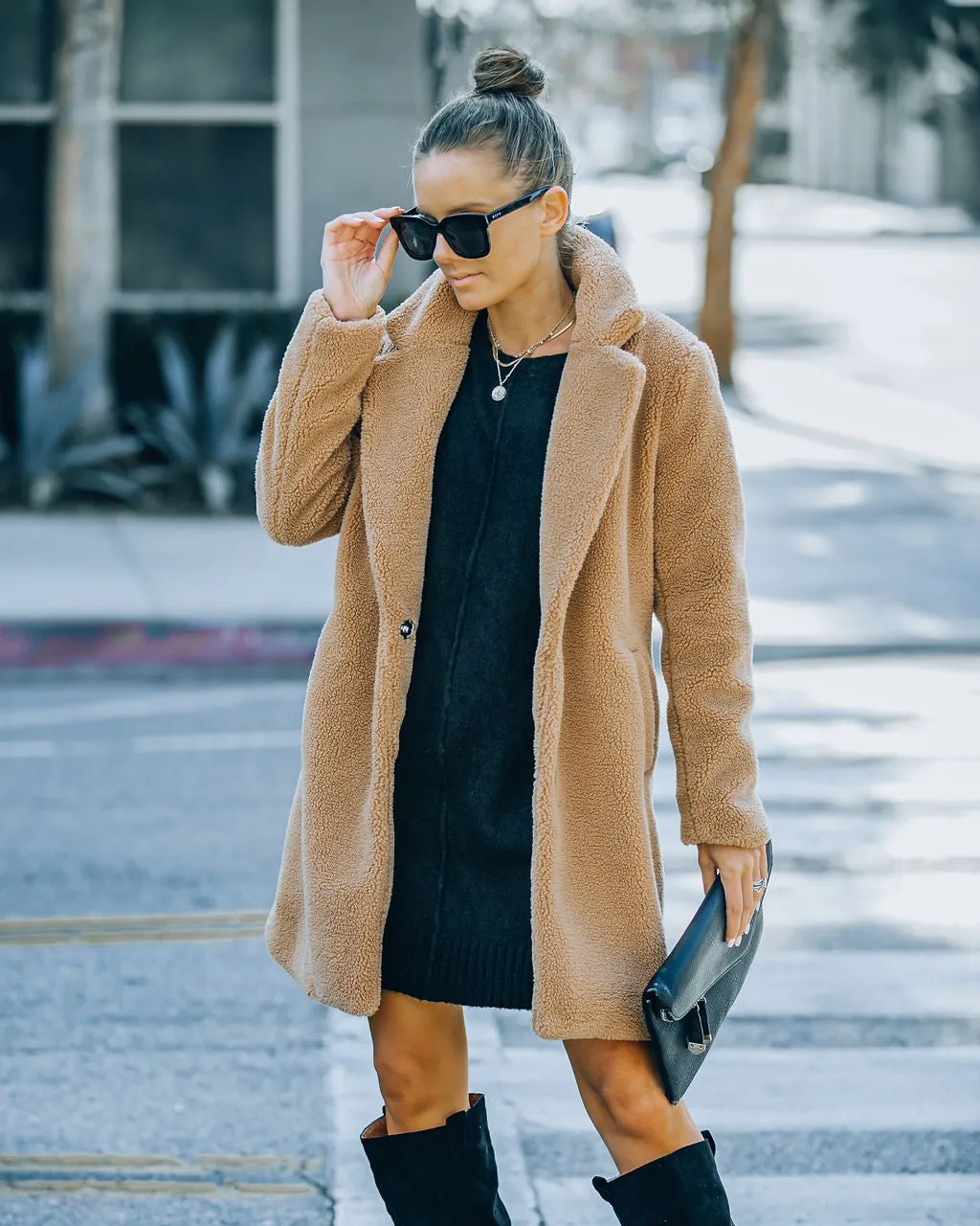 TastyHottie - Mountain View Pocketed Teddy Coat - Camel