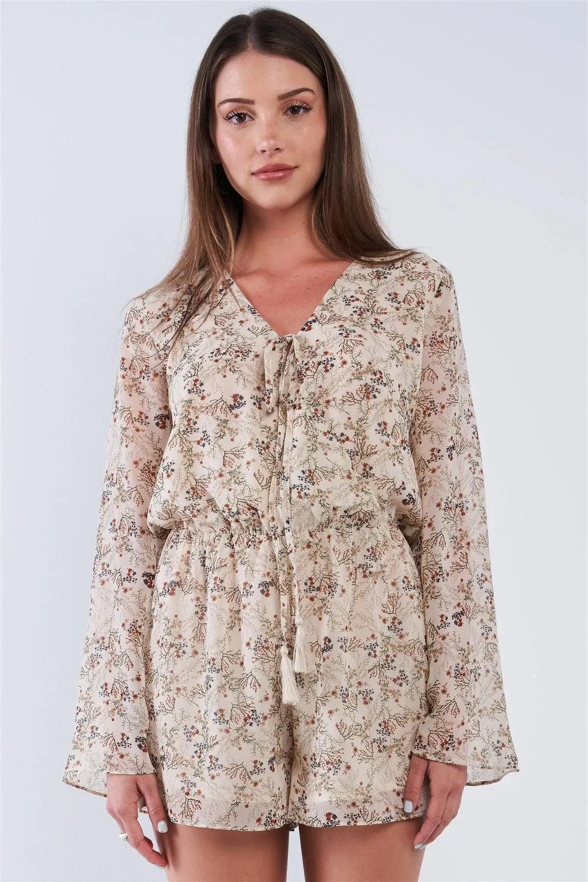 Taupe Floral Multi Color Print Wrap V-Neck Relaxed Fit Long Sleeve Chest Tassel Tip Self Tie Romper /1-2-2-1