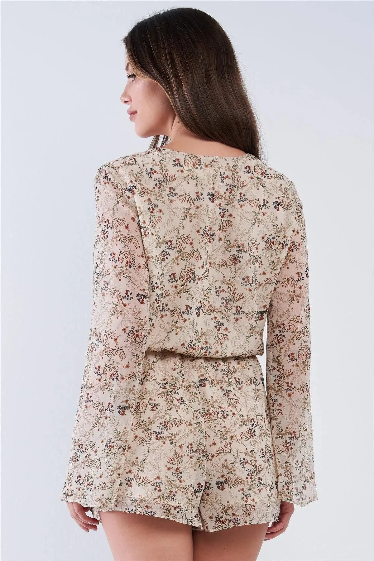 Taupe Floral Multi Color Print Wrap V-Neck Relaxed Fit Long Sleeve Chest Tassel Tip Self Tie Romper /1-2-2-1