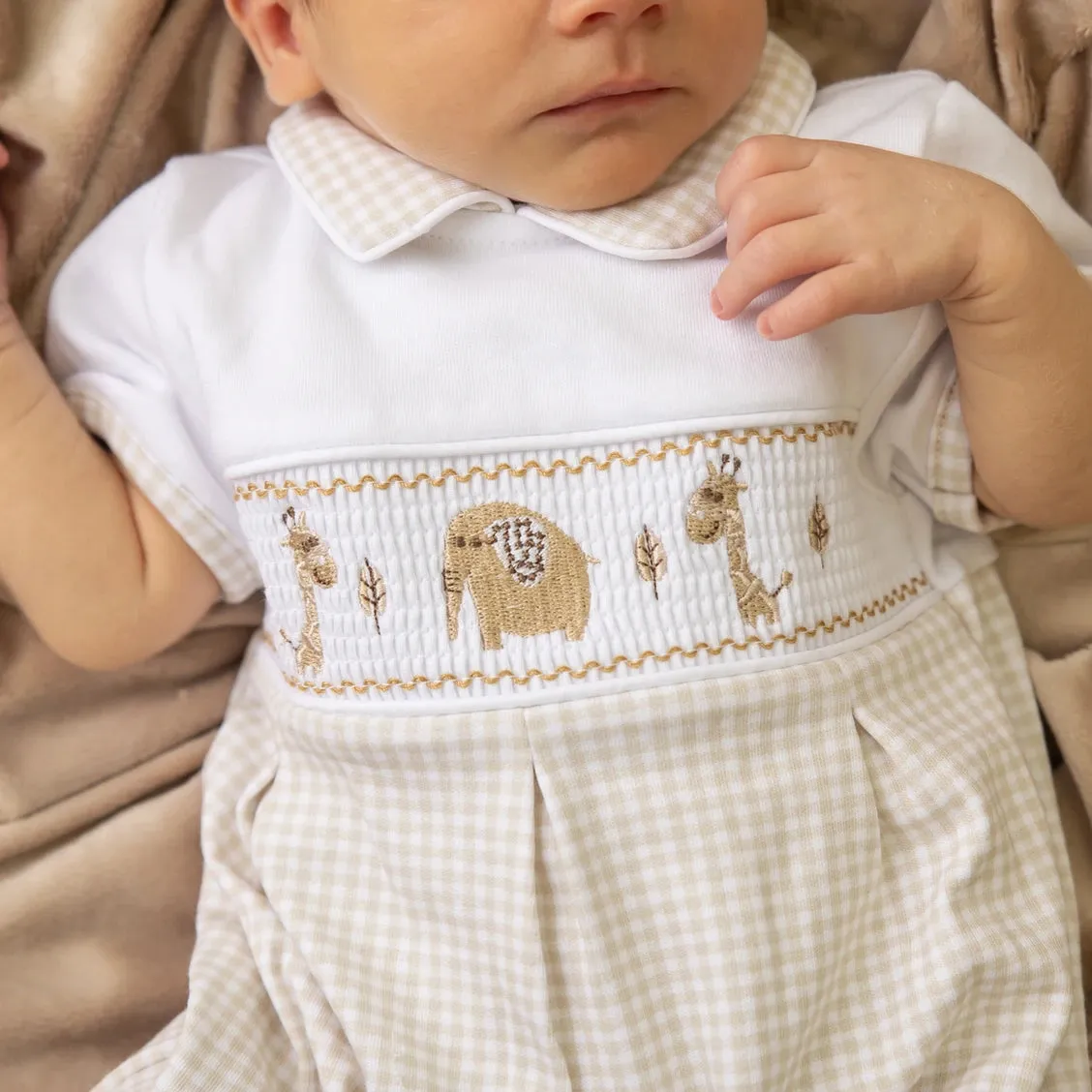 Taupe Jungle Friends Smocked Romper