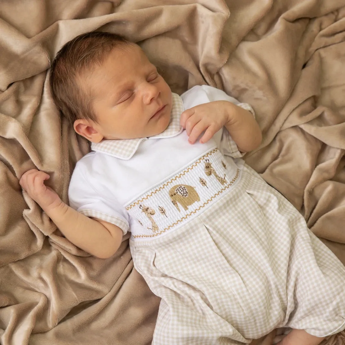 Taupe Jungle Friends Smocked Romper