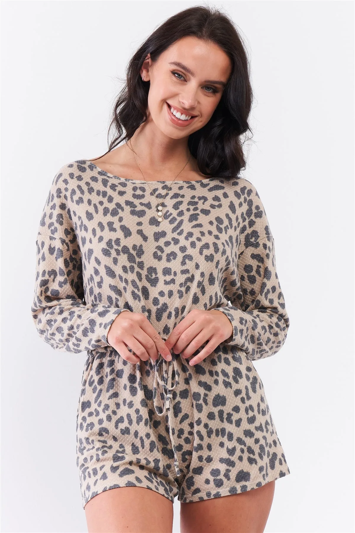 Taupe Leopard Print Long Sleeve Self-tie V-back Detail Draw-string Tie Waistline Romper