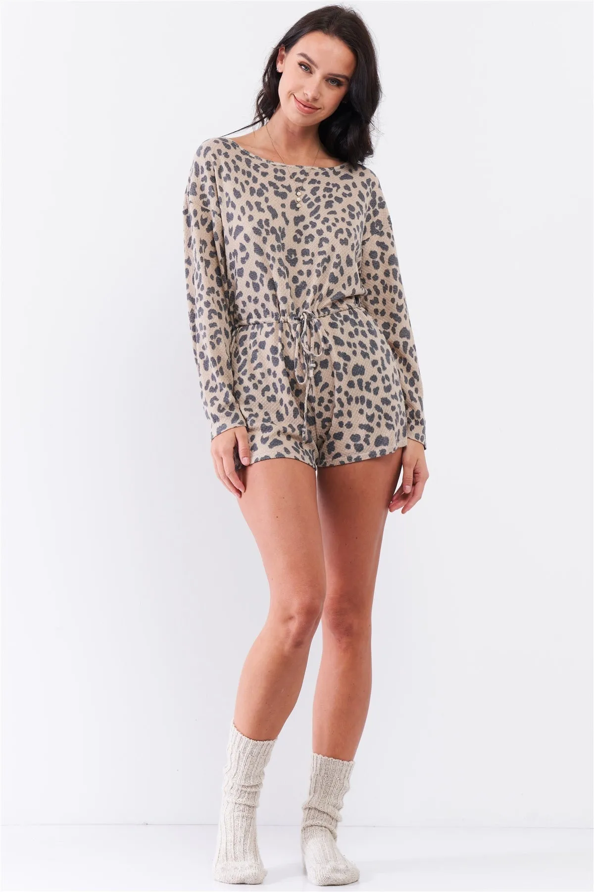 Taupe Leopard Print Long Sleeve Self-tie V-back Detail Draw-string Tie Waistline Romper