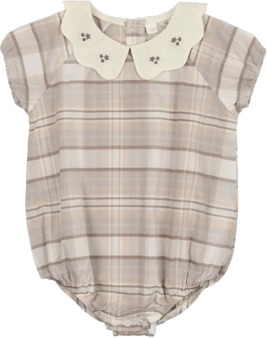 Taupe Plaid Embroidered Collar Romper