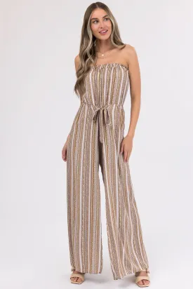 Taupe Printed Strapless Flowy Jumpsuit