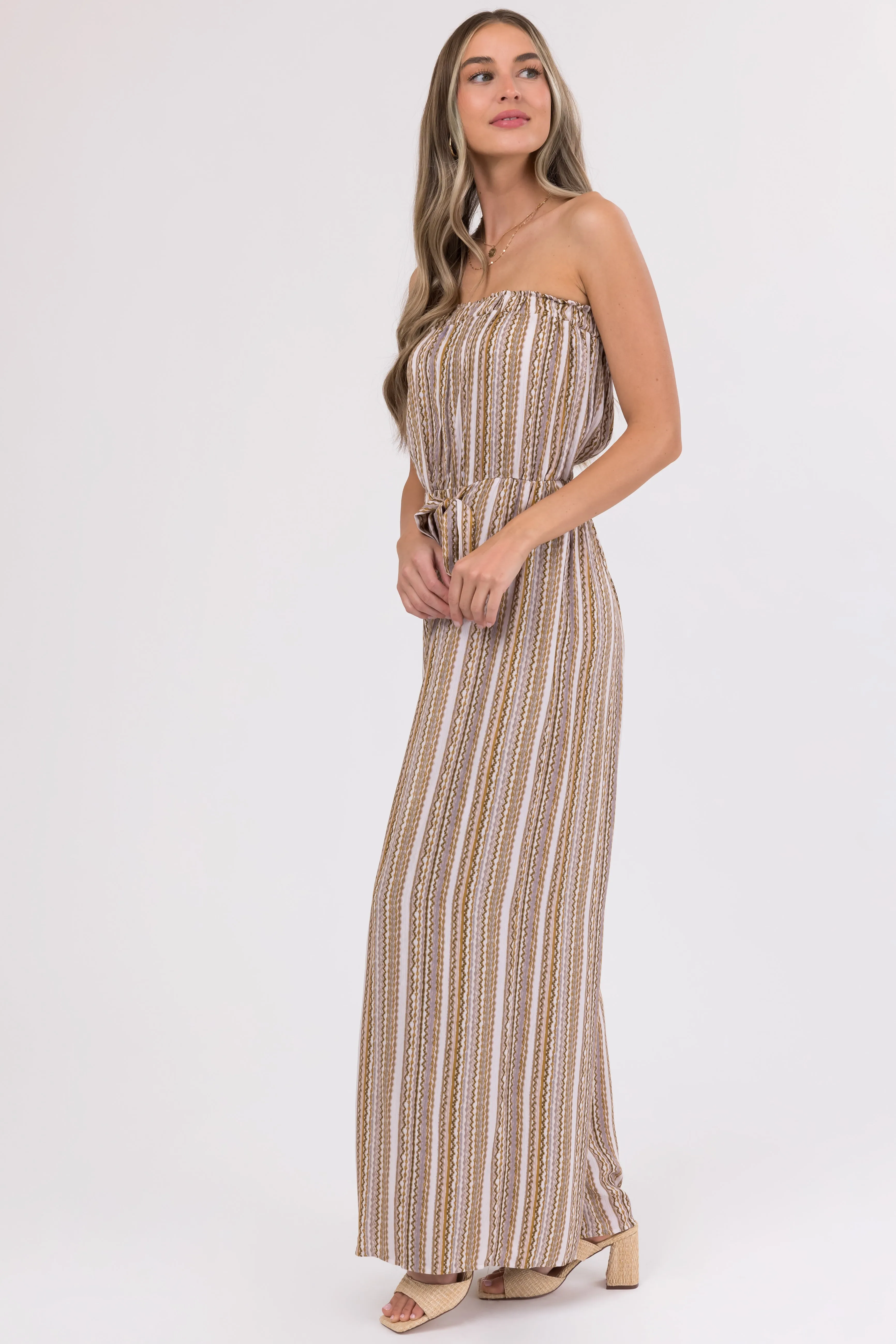 Taupe Printed Strapless Flowy Jumpsuit