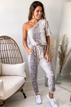 Taupe Snake Print One Shoulder Short Sleeve Jumpsuit