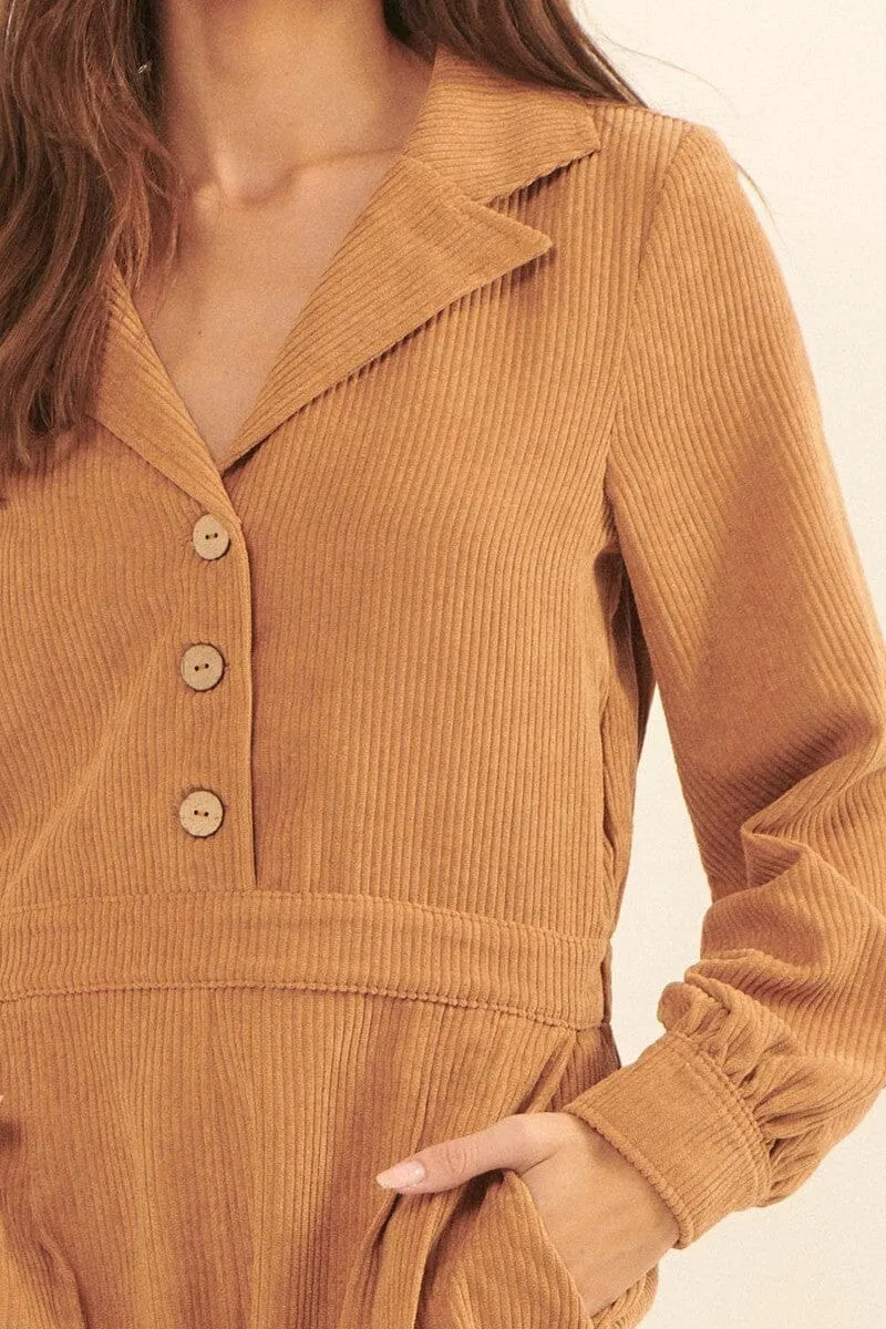 Taupe Woven Corduroy Lapel Collar Elastic Waist Long Sleeves Side Pocket Relaxed Fit Romper