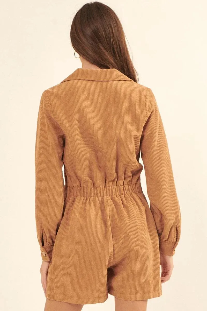 Taupe Woven Corduroy Lapel Collar Elastic Waist Long Sleeves Side Pocket Relaxed Fit Romper