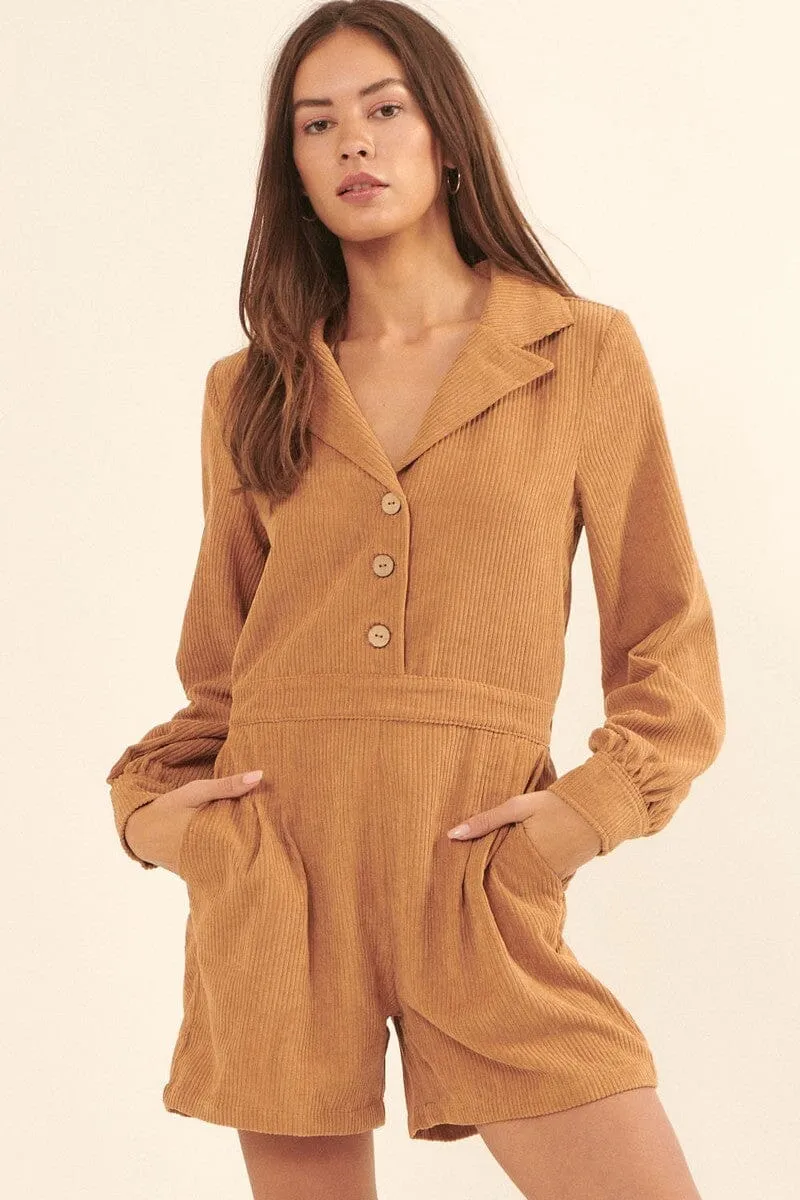Taupe Woven Corduroy Lapel Collar Elastic Waist Long Sleeves Side Pocket Relaxed Fit Romper