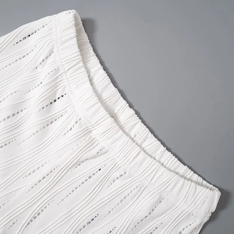 Textured solid hollow out short sleeve high neck pant set