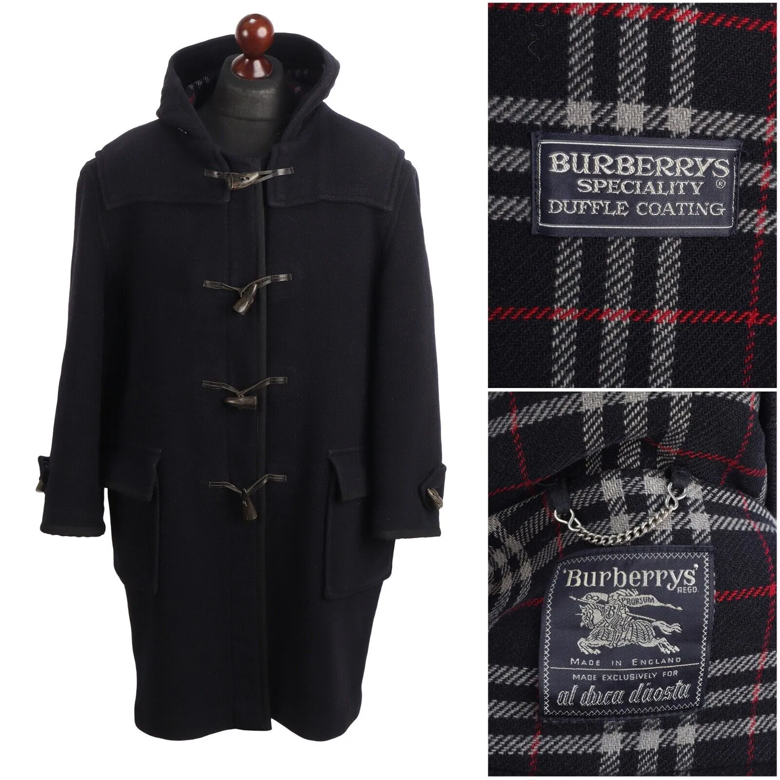 Vintage BURBERRY'S Duffle Coat Navy Blue Wool Men's Overcoat Size ~ XL