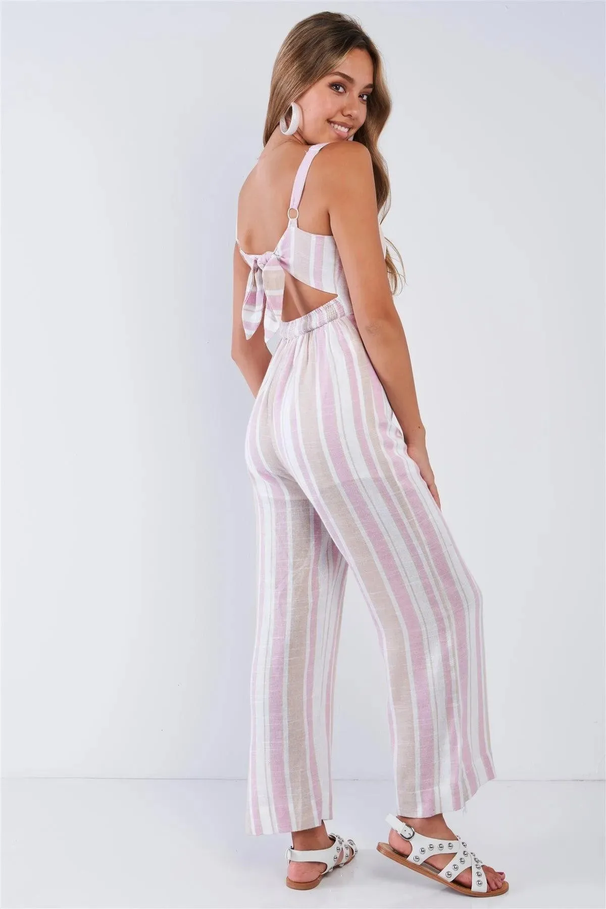 White Rose Taupe Striped Button Up Wide Leg Sleeveless Linen Jumpsuit /3-2-1