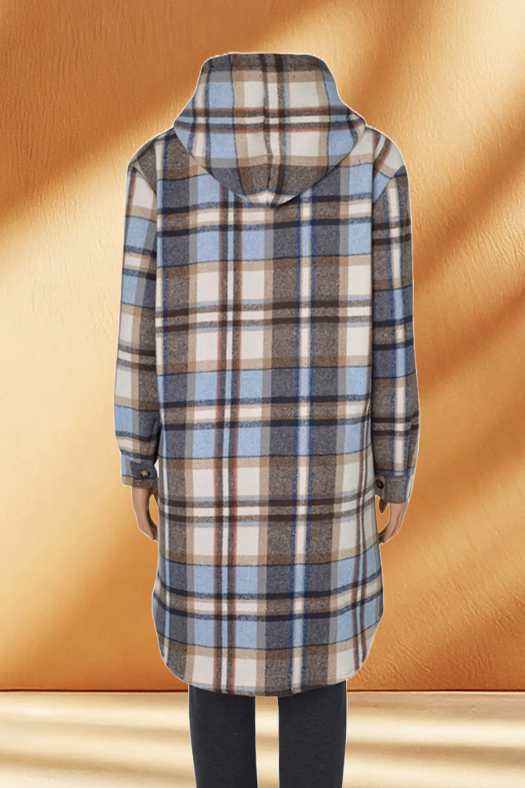 Women's Hooded Long Plaid Coat Jacket with Fleece