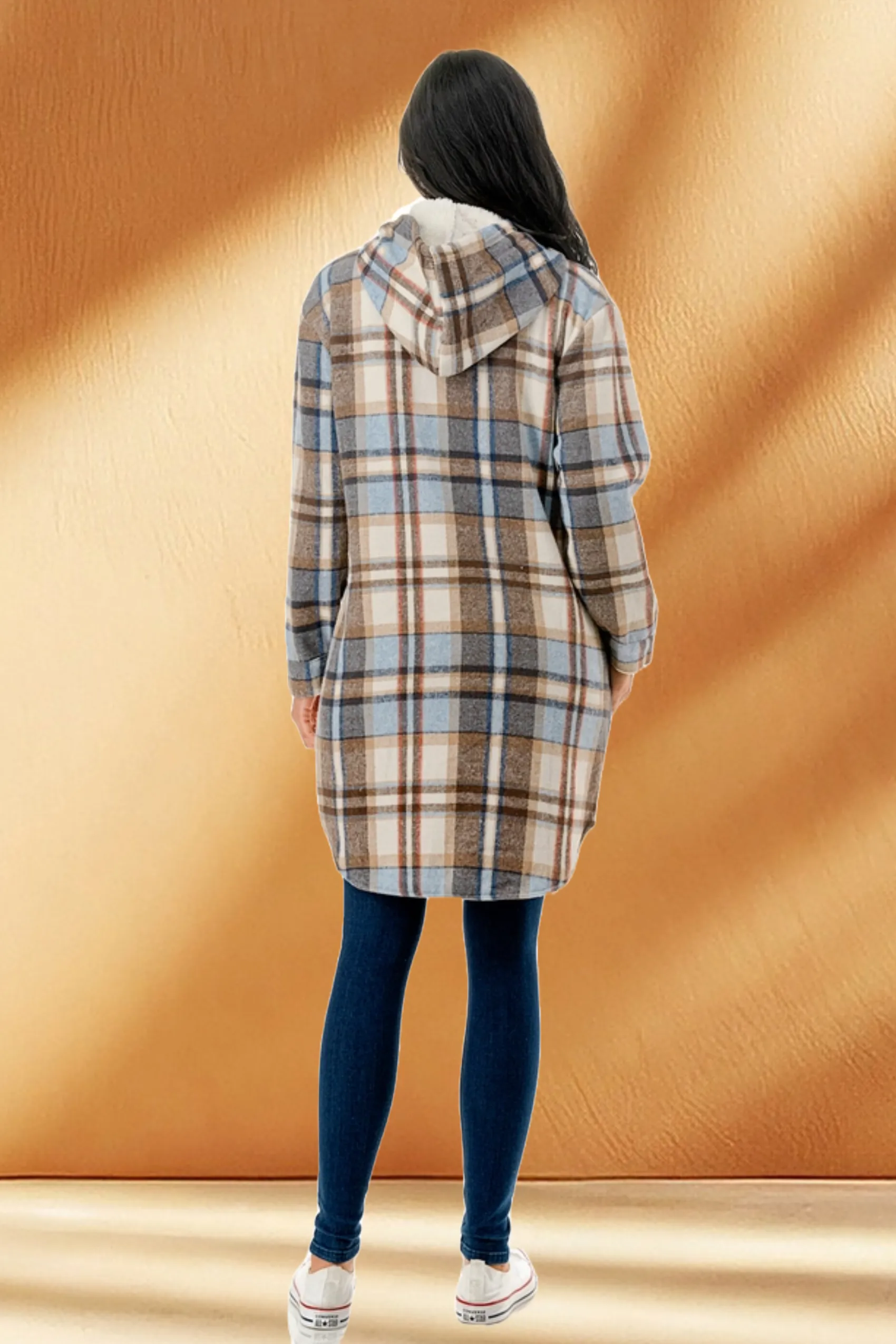 Women's Hooded Long Plaid Coat Jacket with Fleece