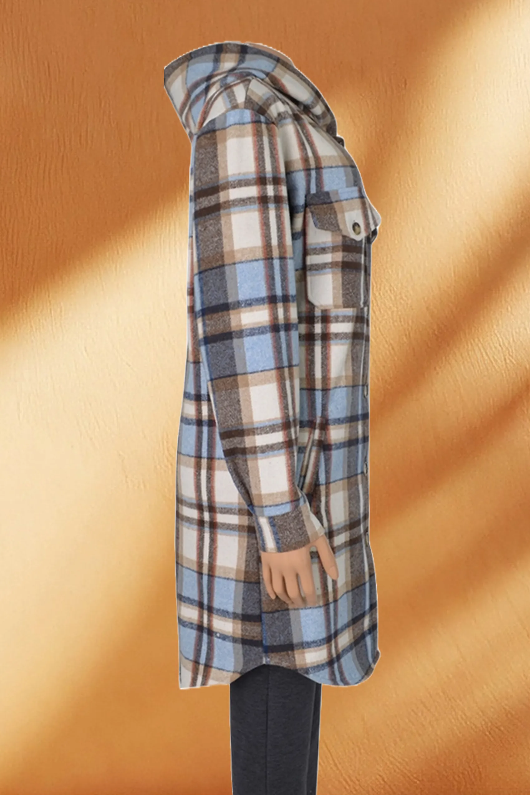 Women's Hooded Long Plaid Coat Jacket with Fleece