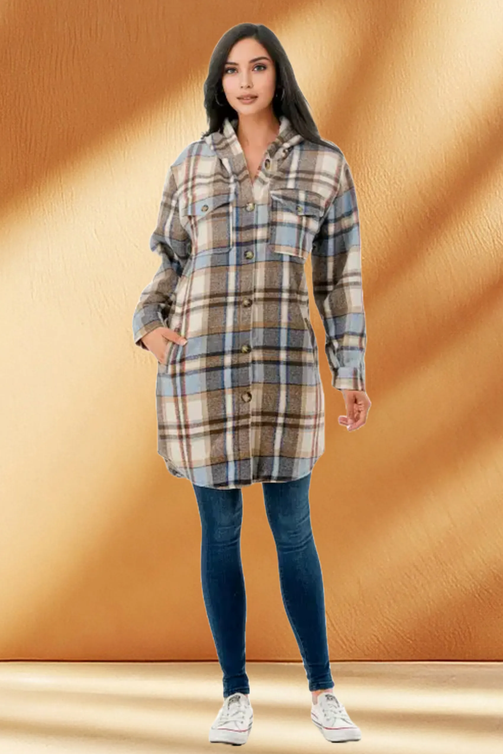 Women's Hooded Long Plaid Coat Jacket with Fleece