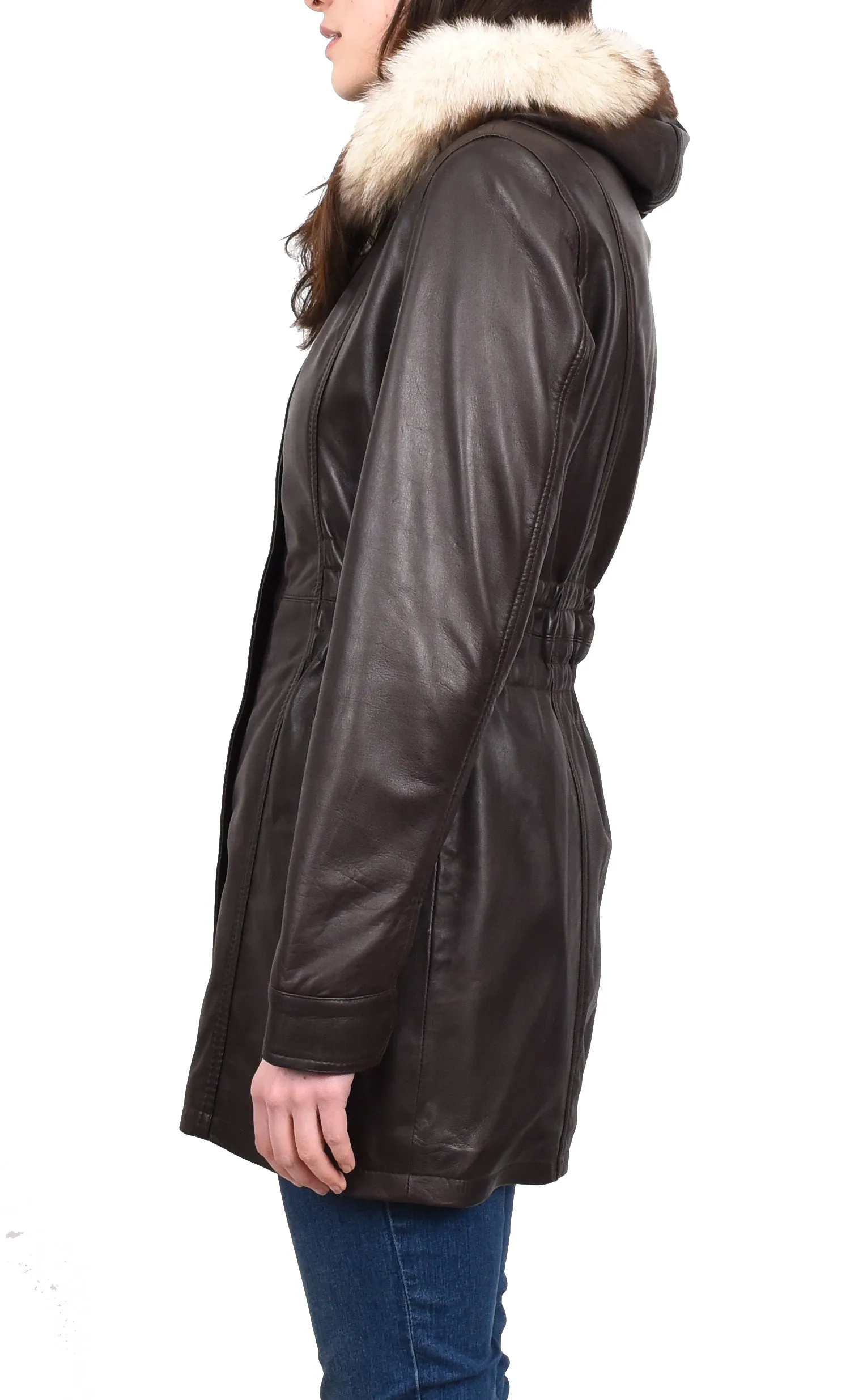 Women's Long Real Leather Coat Detachable Hood with Fur Brown Aerify