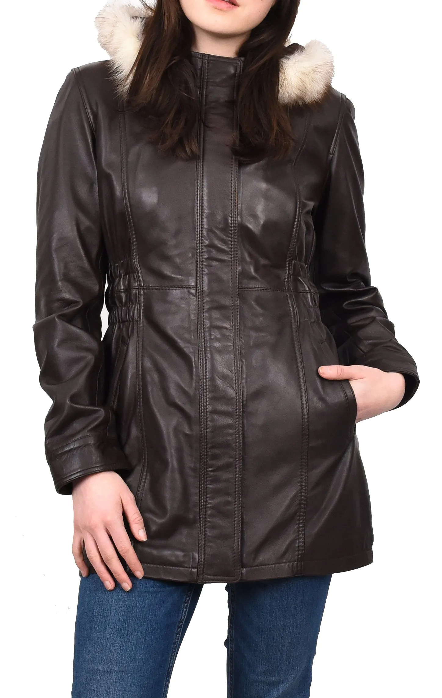Women's Long Real Leather Coat Detachable Hood with Fur Brown Aerify