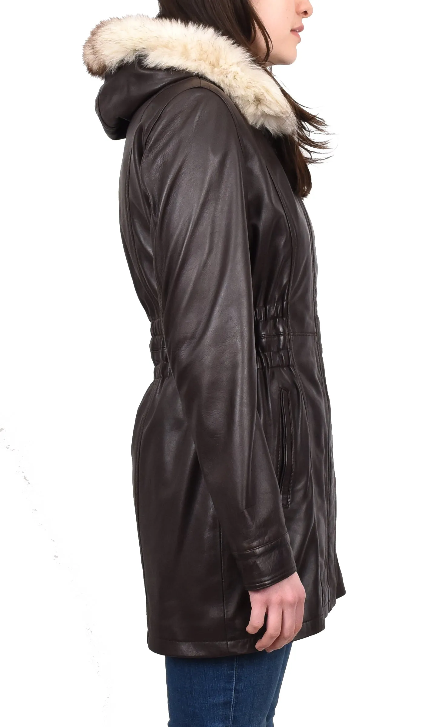 Women's Long Real Leather Coat Detachable Hood with Fur Brown Aerify