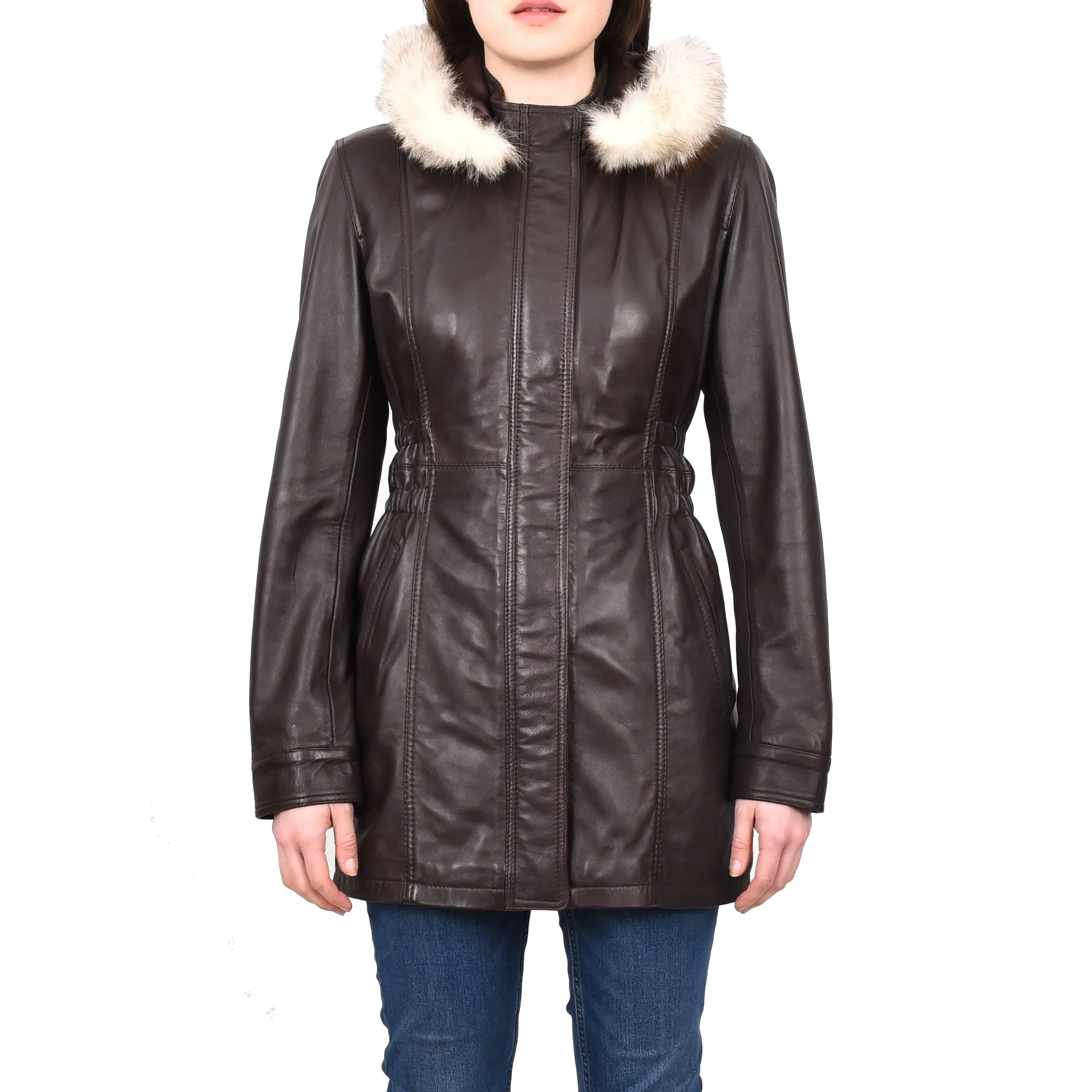 Women's Long Real Leather Coat Detachable Hood with Fur Brown Aerify