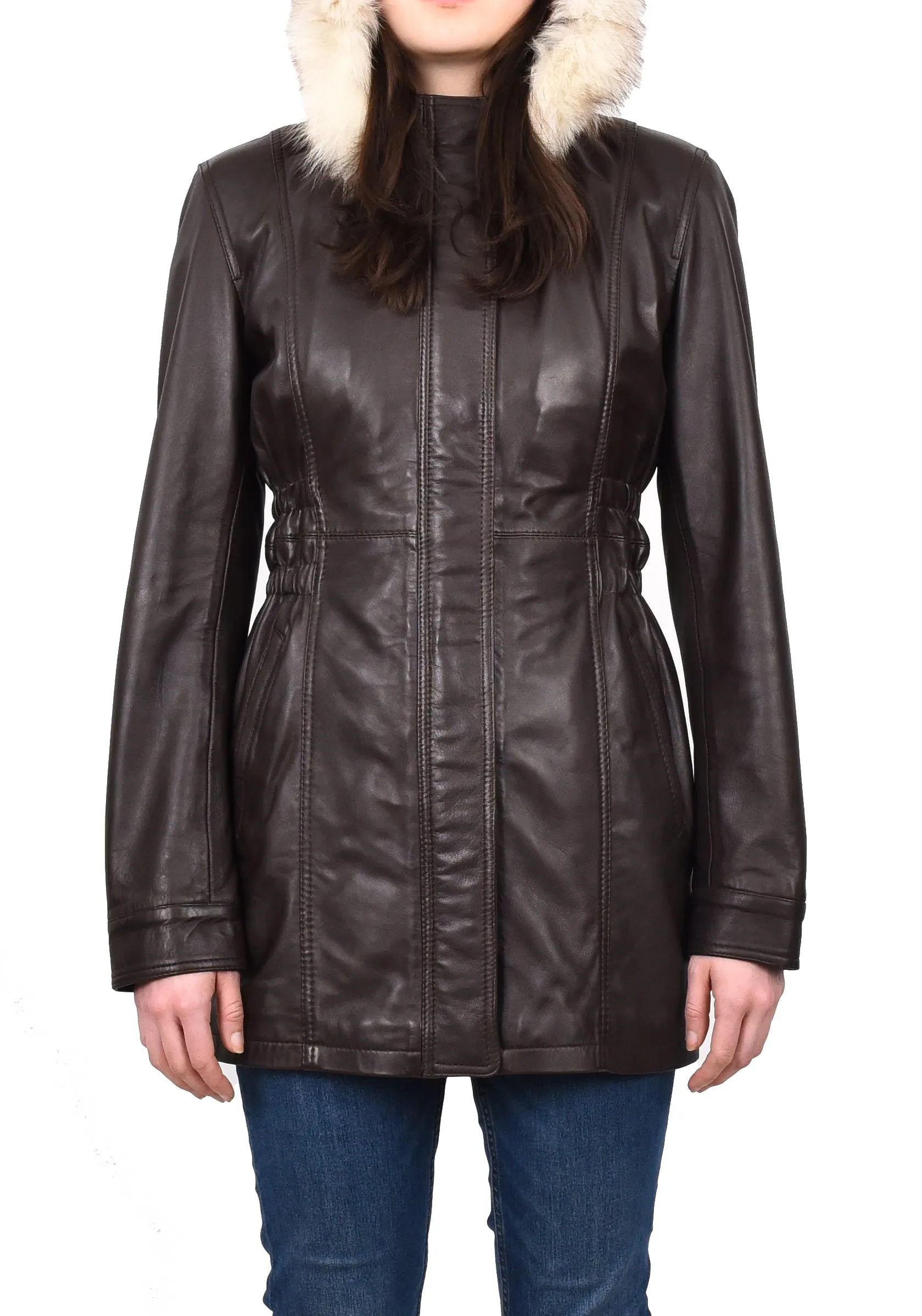 Women's Long Real Leather Coat Detachable Hood with Fur Brown Aerify