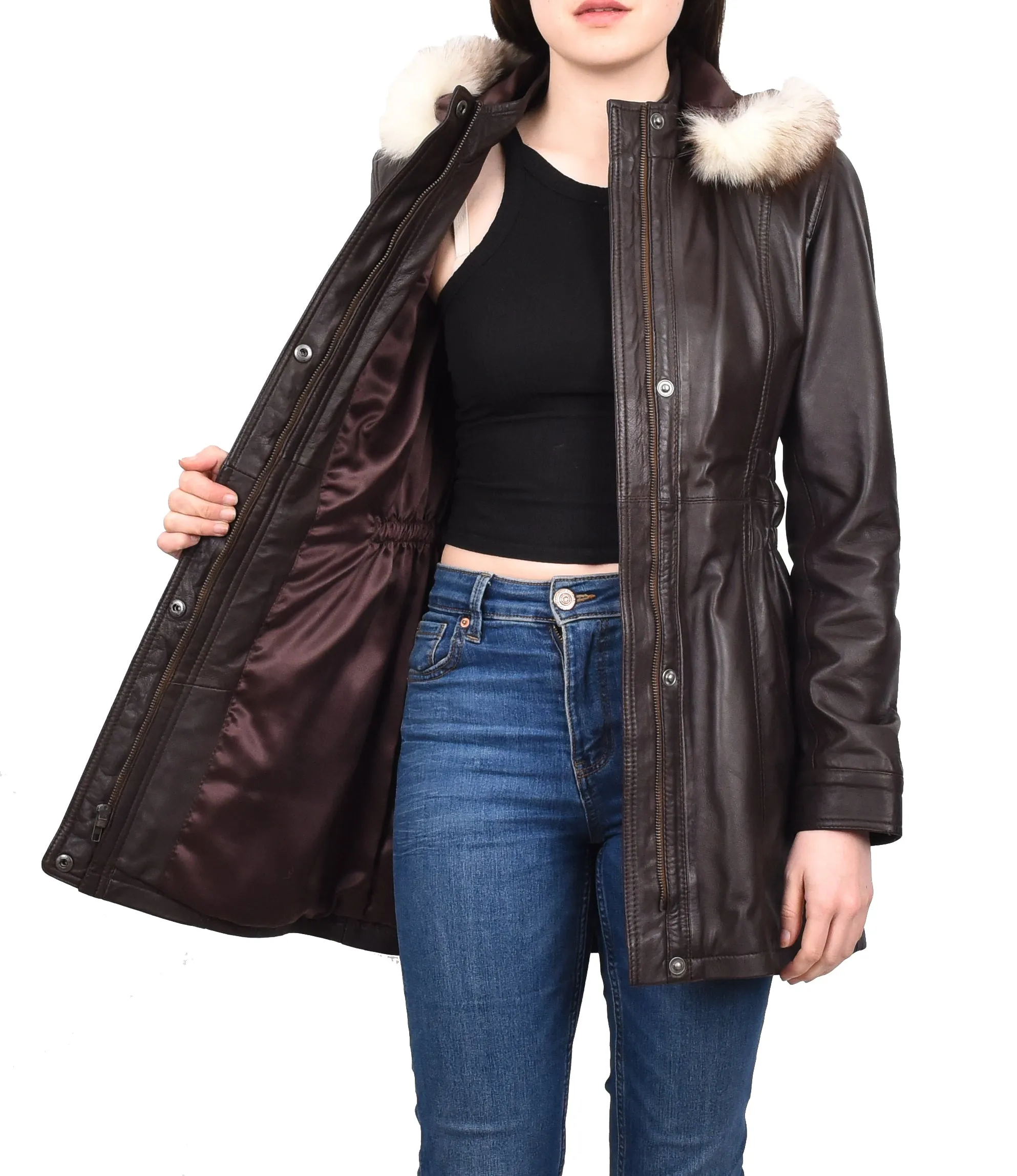 Women's Long Real Leather Coat Detachable Hood with Fur Brown Aerify