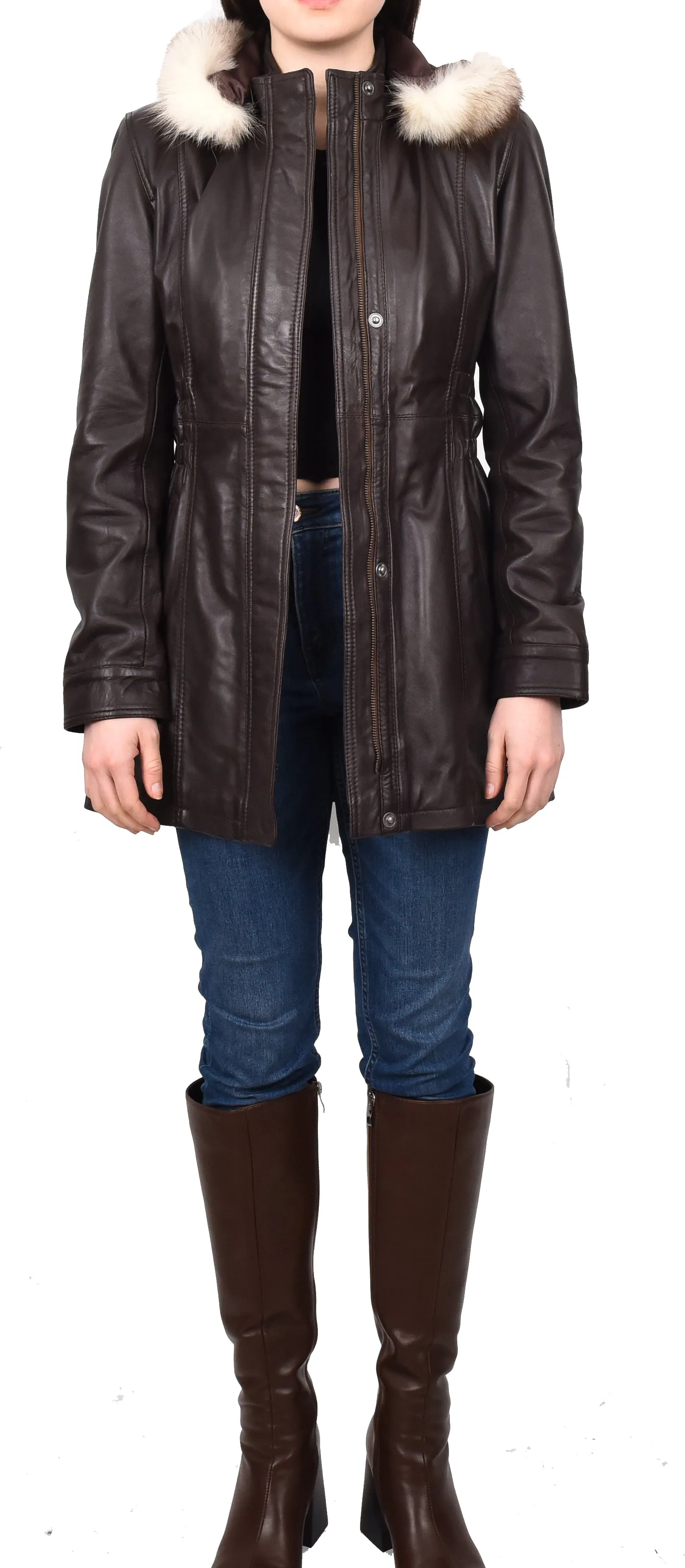 Women's Long Real Leather Coat Detachable Hood with Fur Brown Aerify